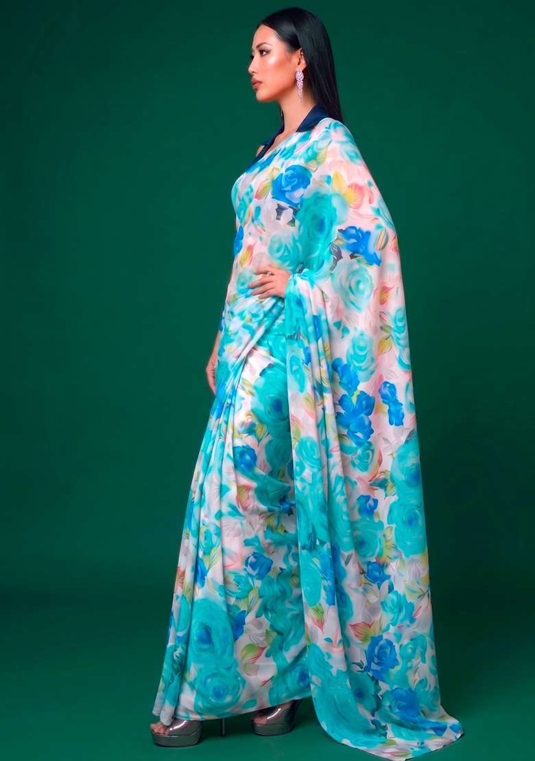 Firozi Floral Print Satin Saree Set for Diwali and Festive Wear - Indya