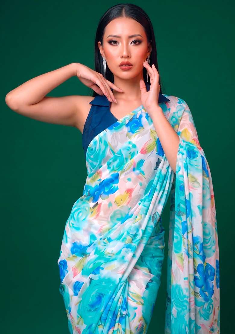 Firozi Floral Print Satin Saree Set for Diwali and Festive Wear - Indya