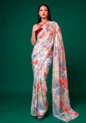 Grey Satin Saree Set with Floral Print for Diwali | Wedding & Festive Wear