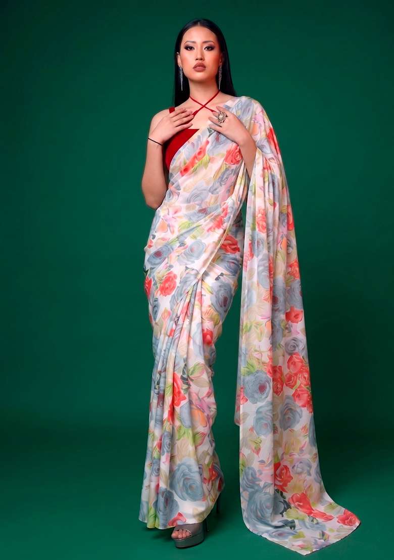 Grey Satin Saree Set with Floral Print for Diwali | Wedding & Festive Wear - Indya