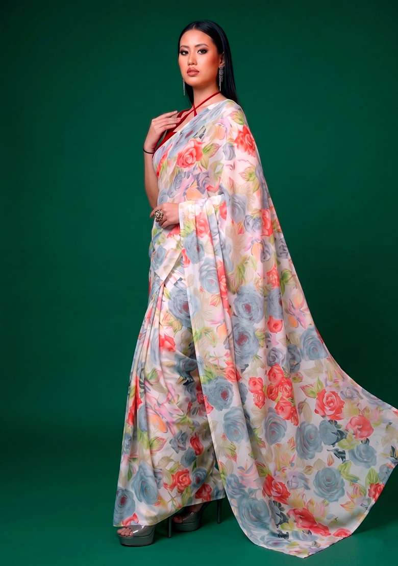 Grey Satin Saree Set with Floral Print for Diwali | Wedding & Festive Wear - Indya