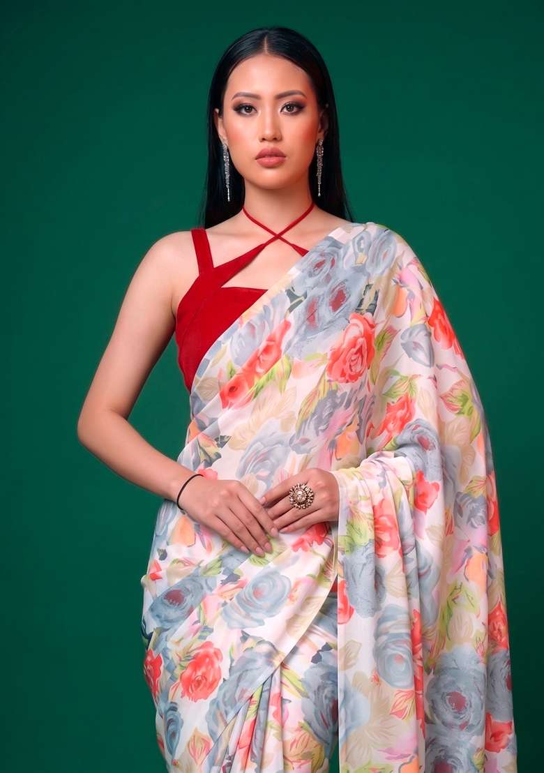 Grey Satin Saree Set with Floral Print for Diwali | Wedding & Festive Wear - Indya