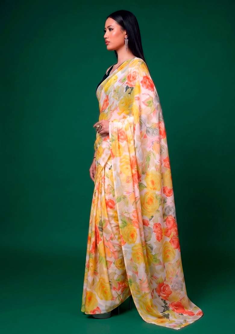 Yellow Satin Saree Set with Floral Print for Diwali | Wedding & Festive Wear - Indya