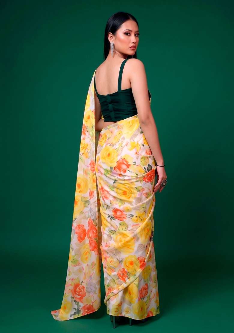 Yellow Satin Saree Set with Floral Print for Diwali | Wedding & Festive Wear - Indya
