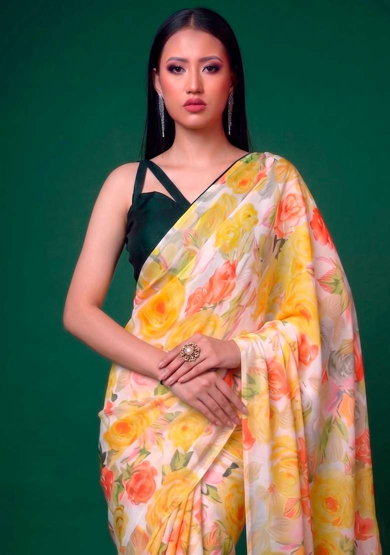 Yellow Satin Saree Set with Floral Print for Diwali | Wedding & Festive Wear - Indya