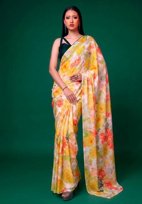 Yellow Satin Saree Set with Floral Print for Diwali | Wedding & Festive Wear