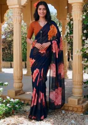 Navy Blue Chiffon Saree Set with Floral Print for Diwali | Wedding & Festive Wear