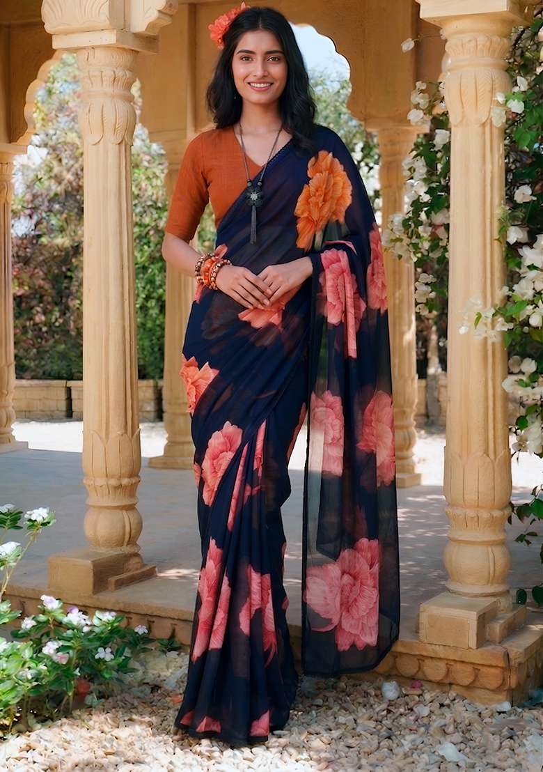 Navy Blue Chiffon Saree Set with Floral Print for Diwali | Wedding & Festive Wear - Indya