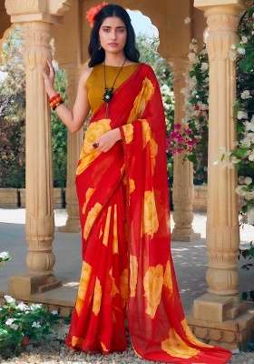Red Chiffon Saree Set with Floral Print for Diwali | Wedding & Festive Wear