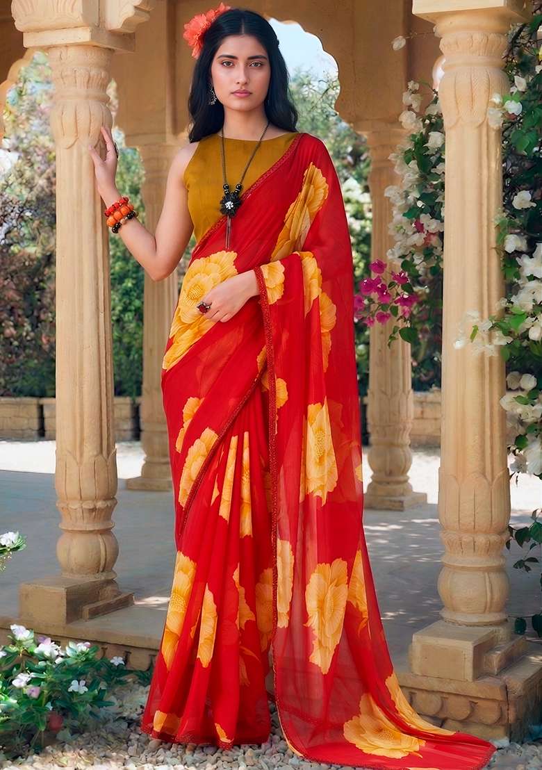 Red Chiffon Saree Set with Floral Print for Diwali | Wedding & Festive Wear - Indya