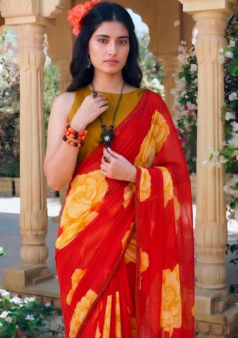 Red Chiffon Saree Set with Floral Print for Diwali | Wedding & Festive Wear - Indya