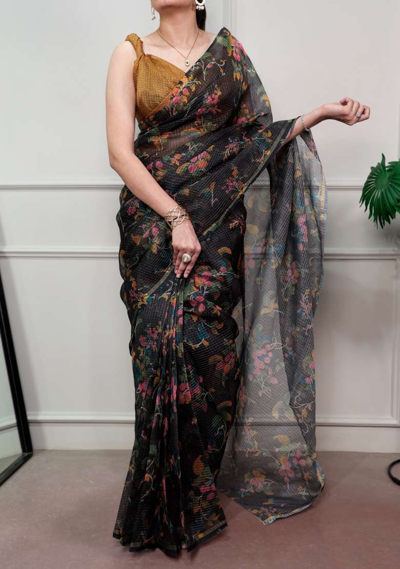 Black Floral Print Kota Doria Saree Set - Indya