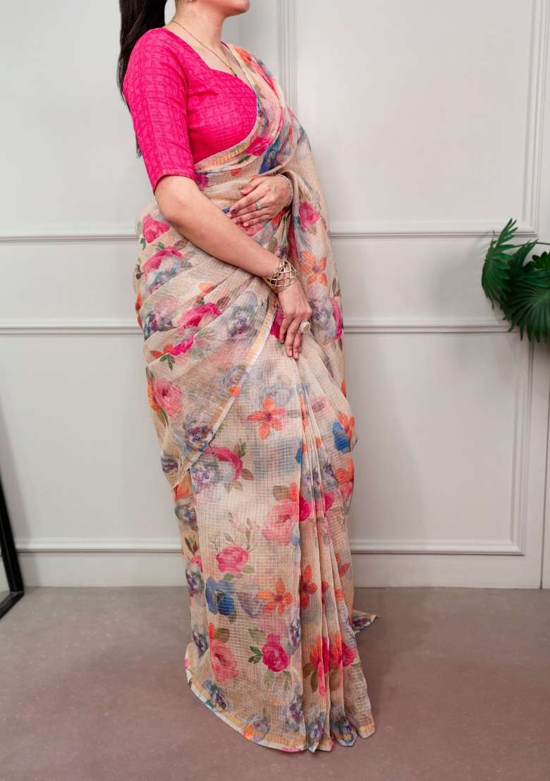 Cream Floral Print Kota Doria Saree Set - Indya