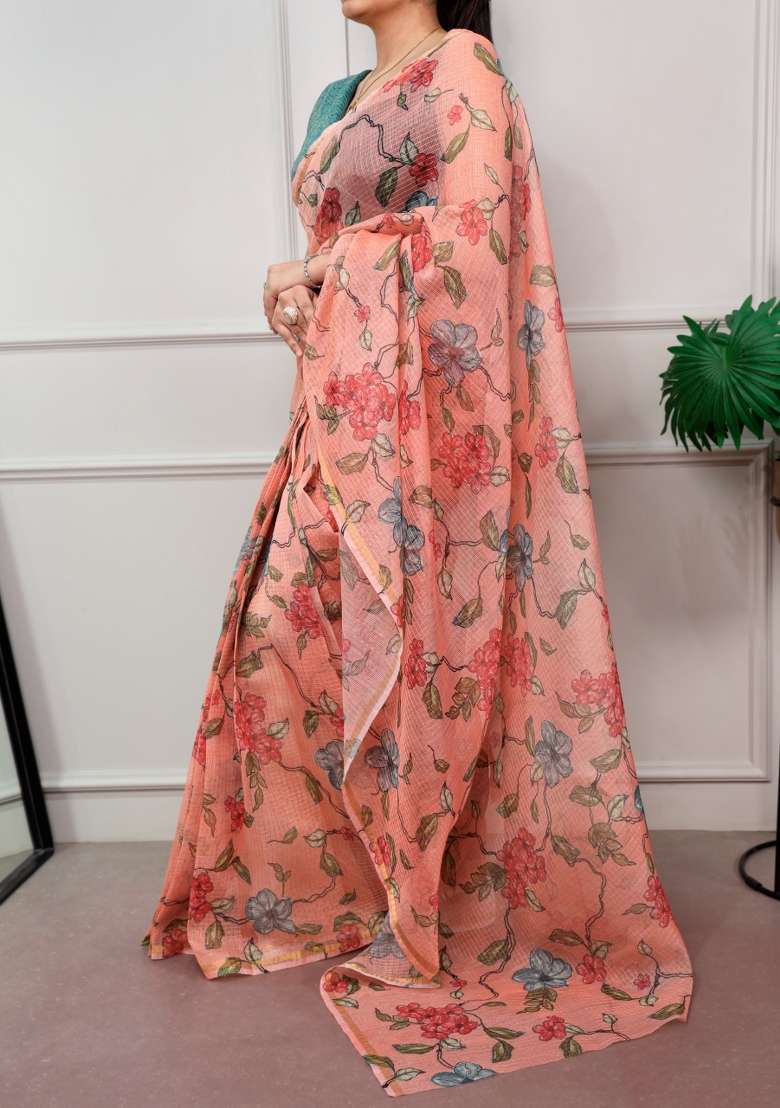 Peach Floral Print Kota Doria Saree Set - Indya