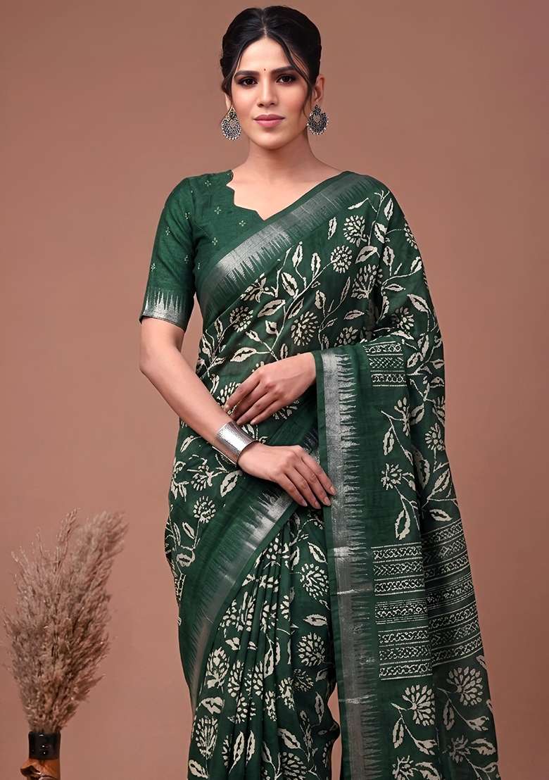 Green Zari Work Silk Saree Set - Indya