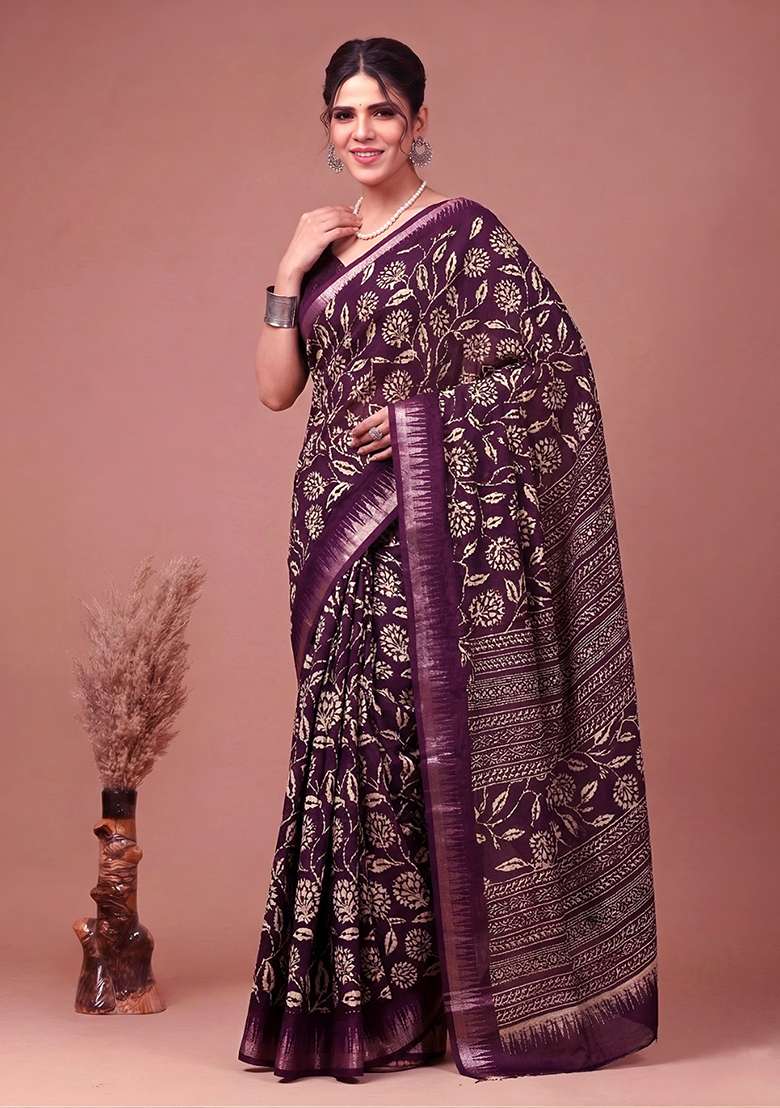 Wine Zari Work Silk Saree Set for Diwali and Festive Wear - Indya