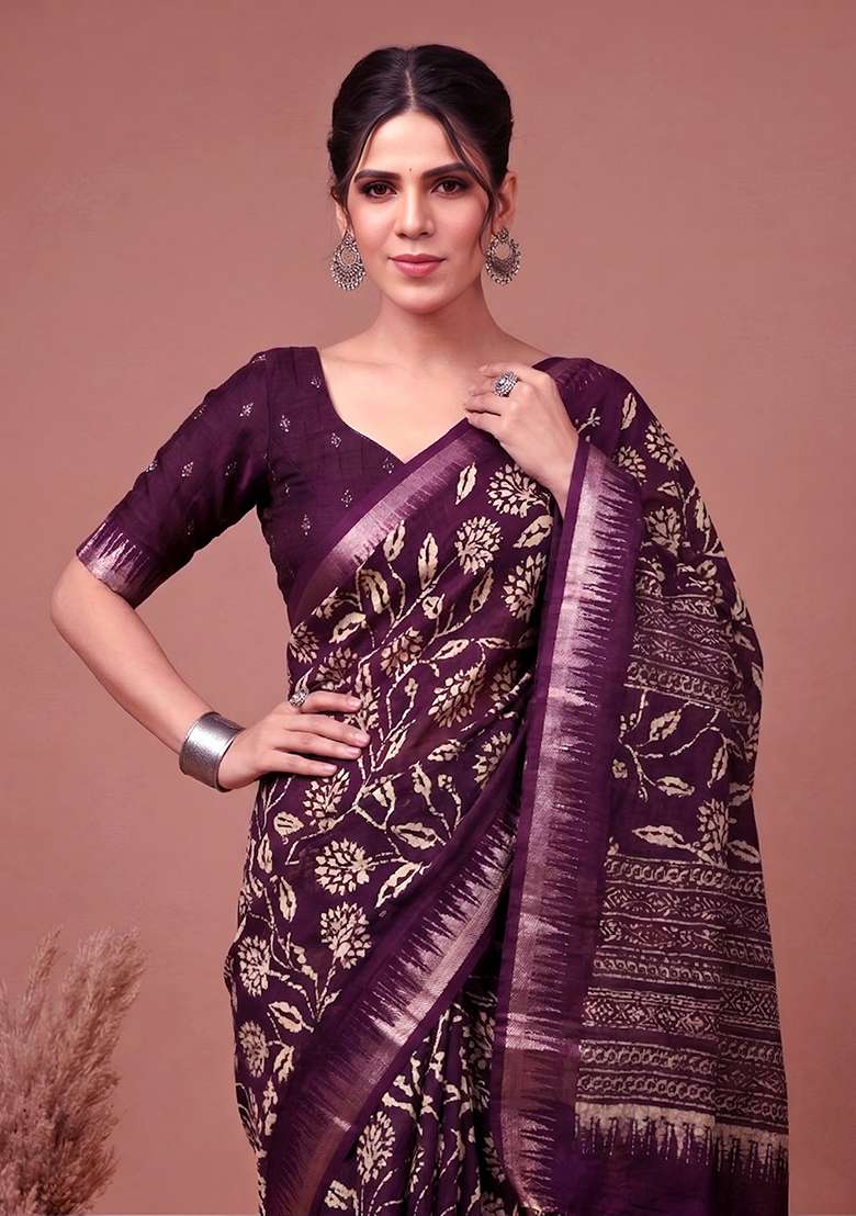Wine Zari Work Silk Saree Set for Diwali and Festive Wear - Indya