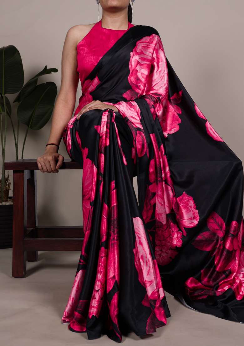 Pink Silk Saree Set with Floral Print for Diwali | Wedding & Festive Wear - Indya