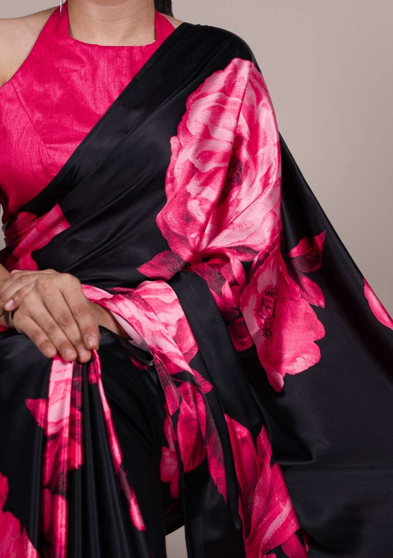 Pink Floral Print Silk Saree Set - Indya