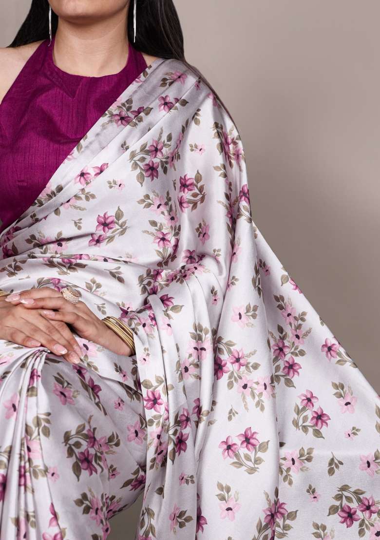 Red Silk Saree Set with Floral Print for Diwali | Wedding & Festive Wear - Indya