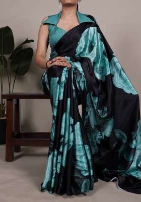 Teal Silk Saree Set with Floral Print for Diwali | Wedding & Festive Wear