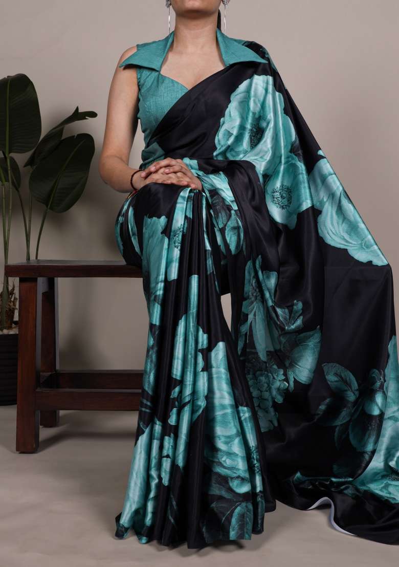Teal Silk Saree Set with Floral Print for Diwali | Wedding & Festive Wear - Indya