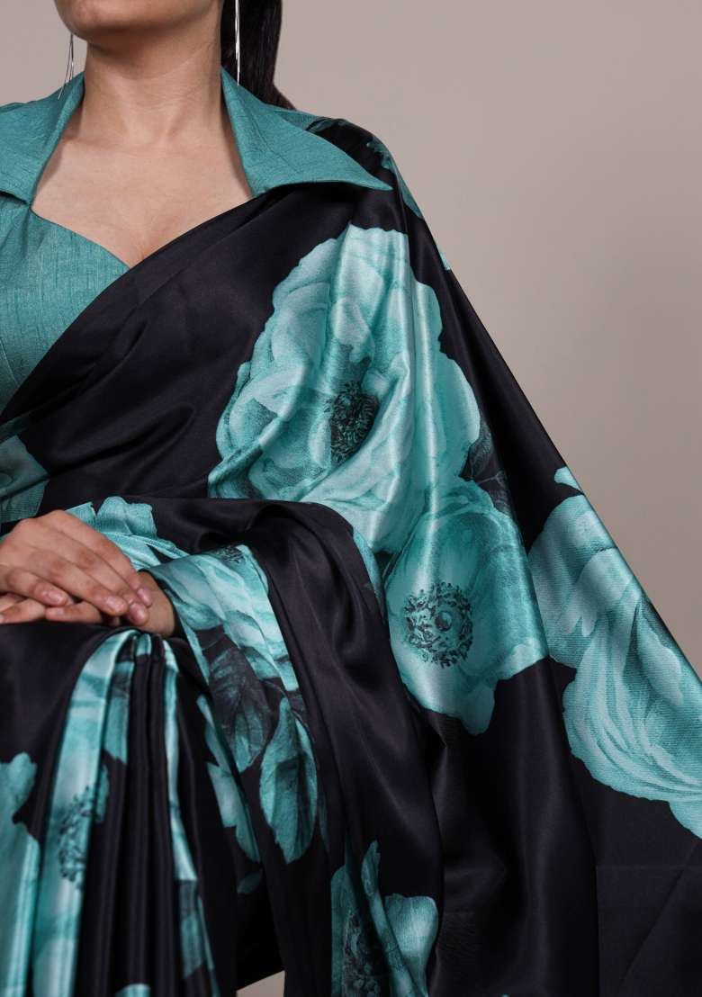 Teal Floral Print Silk Saree Set - Indya