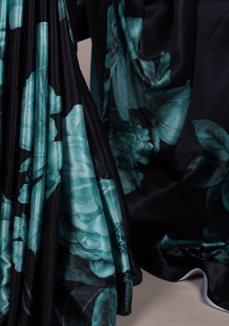 Teal Silk Saree Set with Floral Print for Diwali | Wedding & Festive Wear - Indya