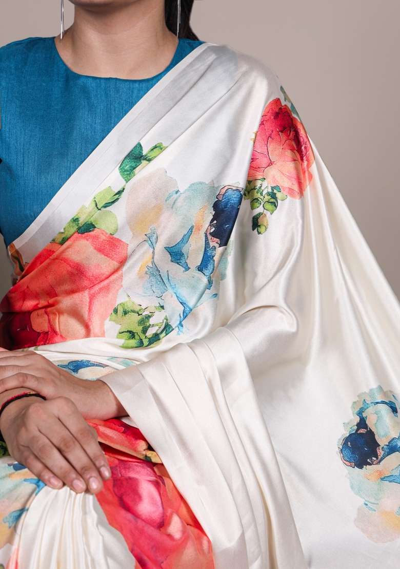 White Floral Print Silk Saree Set - Indya