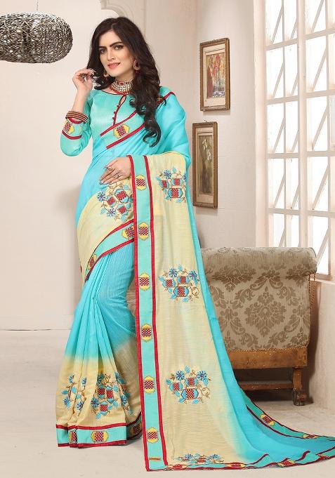 Sky Blue Zari Work Silk Blend Saree Set