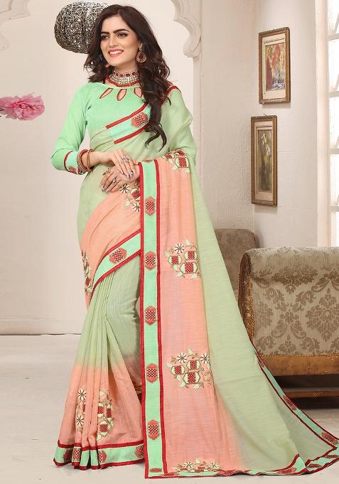 Green Zari Work Silk Blend Saree Set