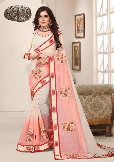 Peach Zari Work Silk Blend Saree Set