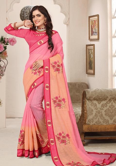 Pink Zari Work Silk Blend Saree Set