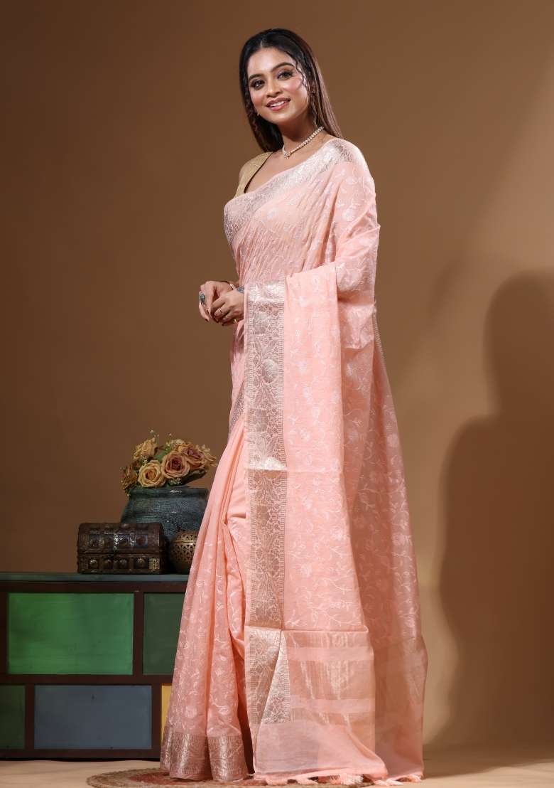 Peach Chanderi Saree Set with Embroidery for Diwali | Wedding & Festive Wear - Indya