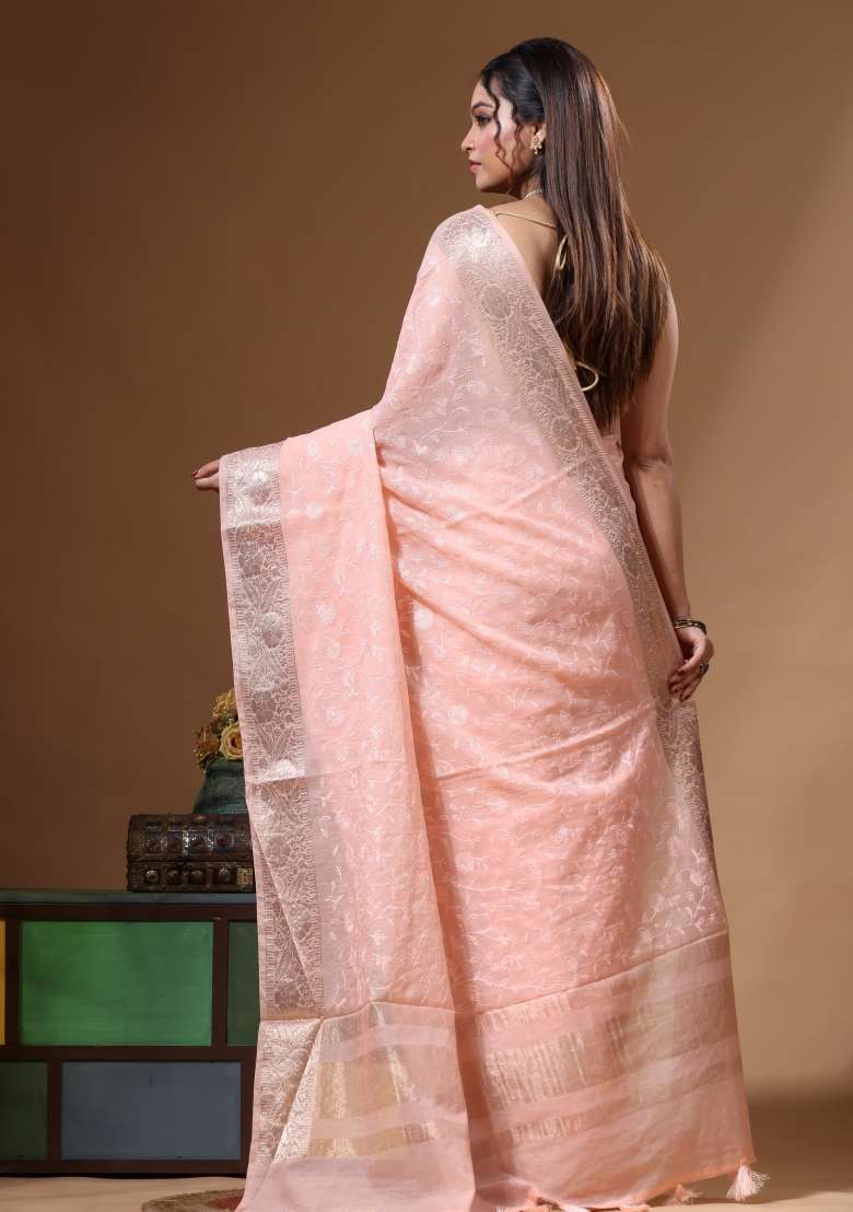 Peach Chanderi Saree Set with Embroidery for Diwali | Wedding & Festive Wear - Indya