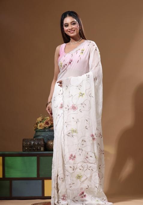 Off White Organza Saree Set with Hand Work for Diwali | Wedding & Festive Wear