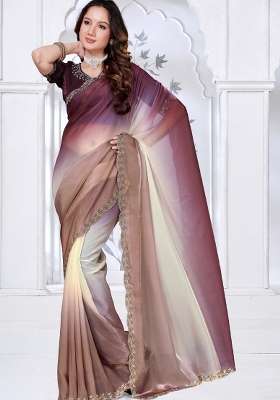 Multicolor Embroidered Satin Saree Set