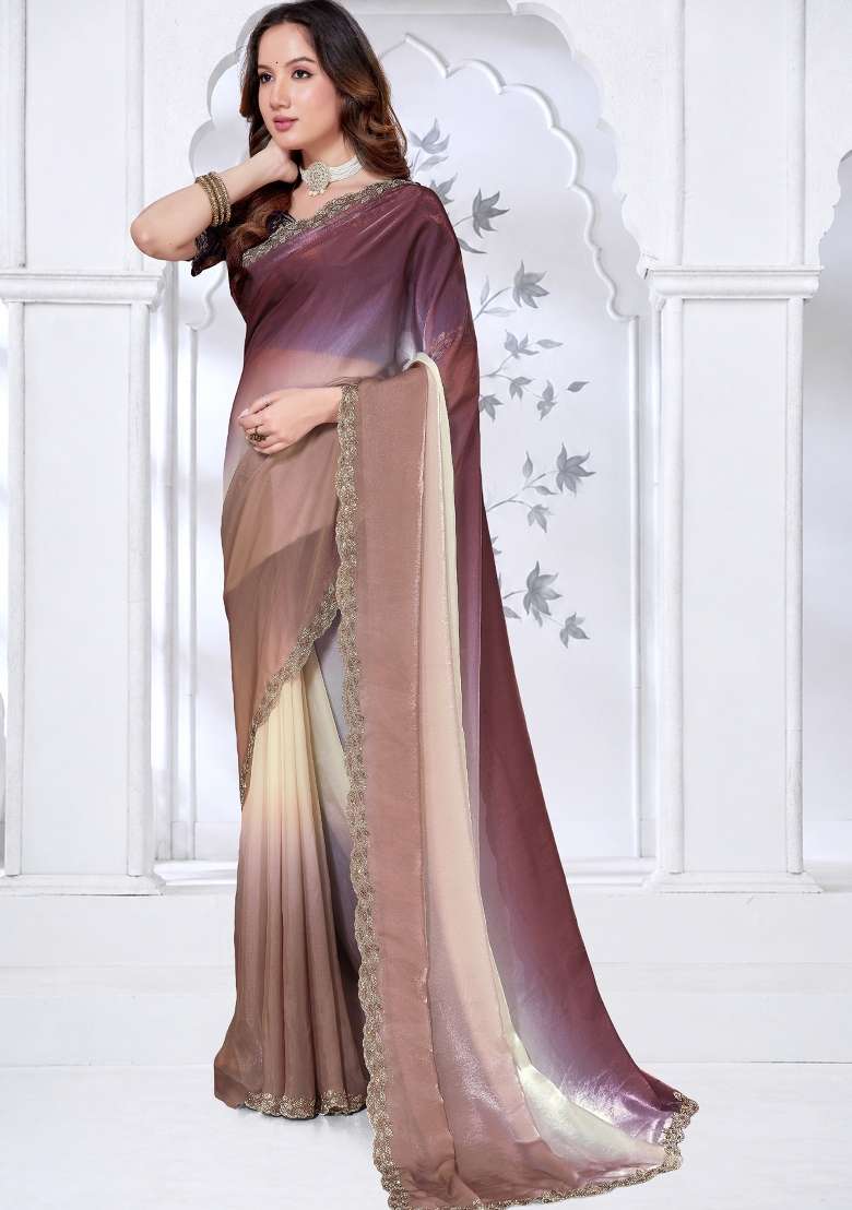 Multicolor Embroidered Satin Saree Set - Indya