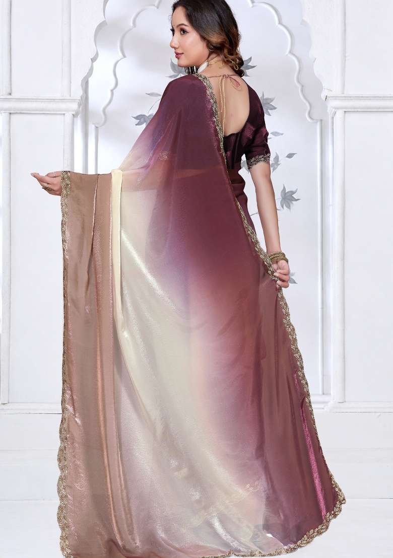 Multicolor Embroidered Satin Saree Set - Indya