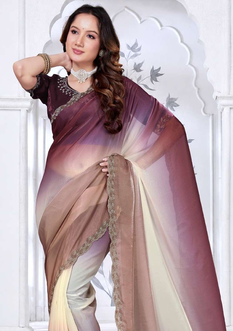 Multicolor Embroidered Satin Saree Set - Indya