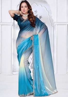Sky Blue Embroidered Satin Saree Set