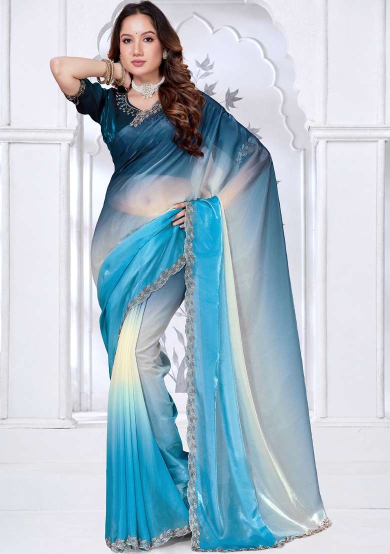 Sky Blue Embroidered Satin Saree Set - Indya