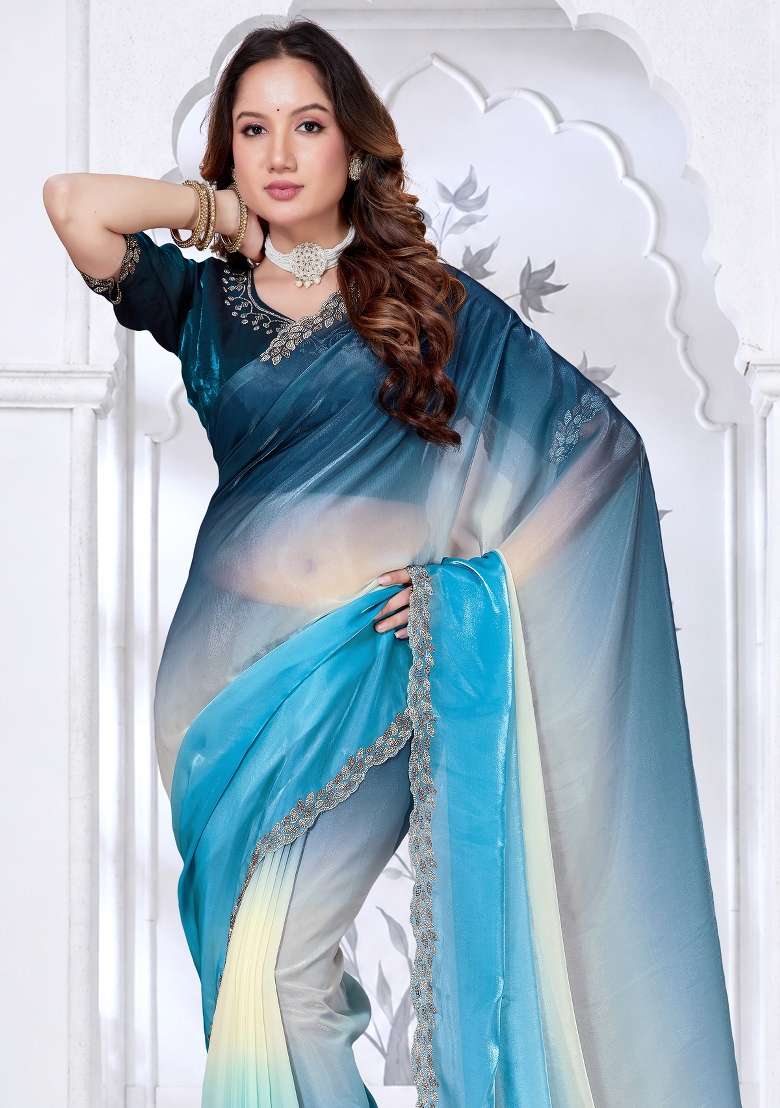 Sky Blue Embroidered Satin Saree Set - Indya
