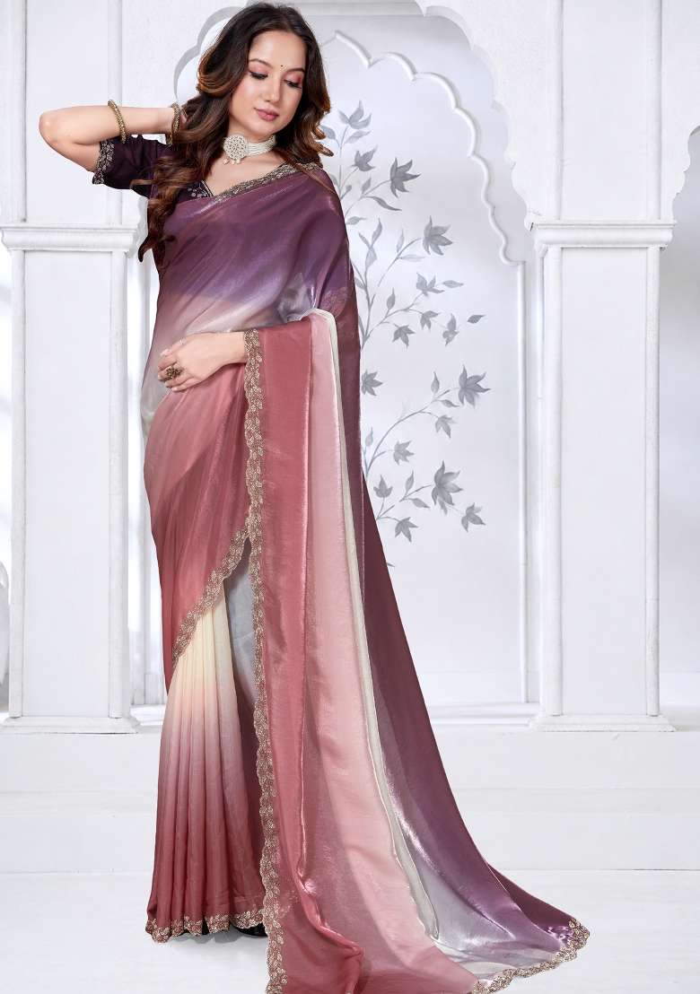 Multicolor Embroidered Satin Saree Set - Indya