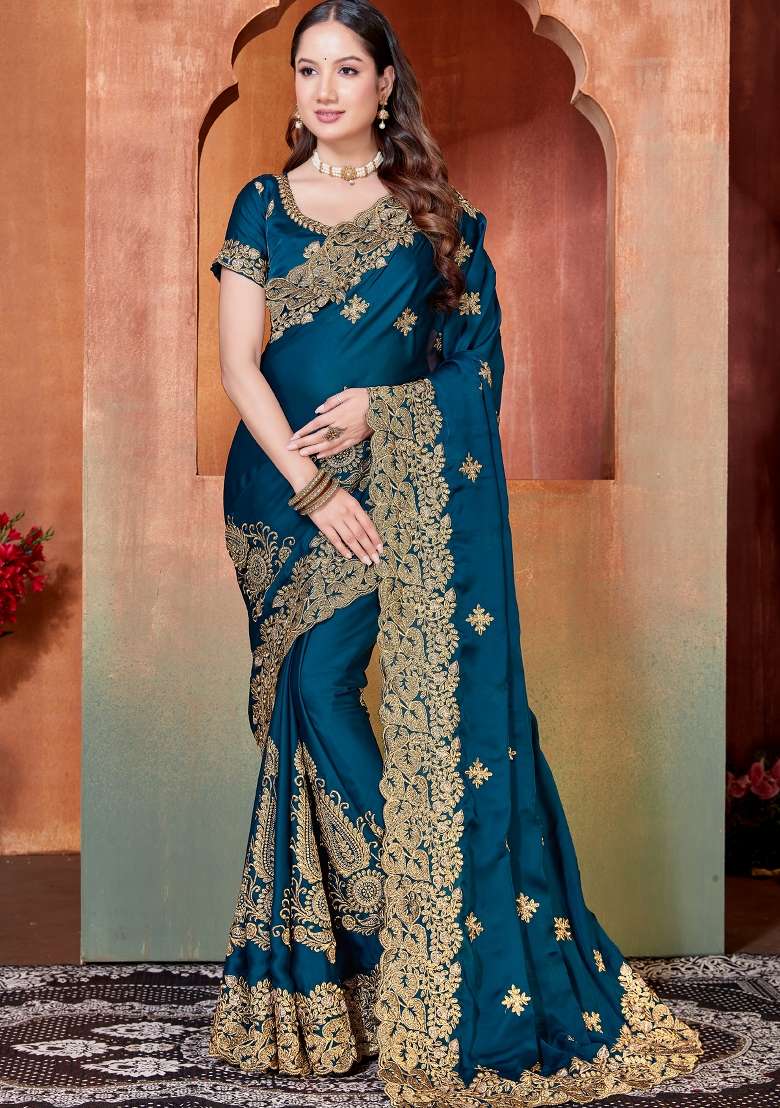 Teal Blue Embroidered Satin Saree Set for Diwali and Festive Wear - Indya