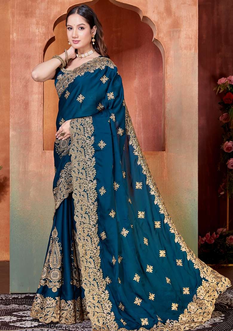 Teal Blue Embroidered Satin Saree Set for Diwali and Festive Wear - Indya