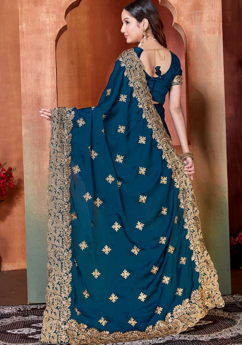 Teal Blue Embroidered Satin Saree Set for Diwali and Festive Wear - Indya