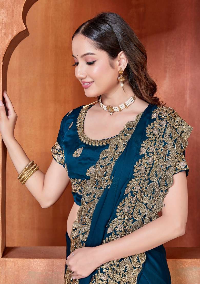 Teal Blue Embroidered Satin Saree Set for Diwali and Festive Wear - Indya