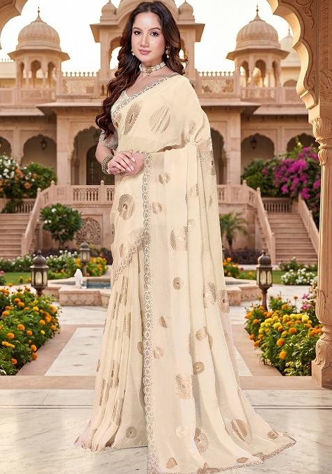 Off White Hand Work Silk Blend Saree Set for Diwali and Festive Wear