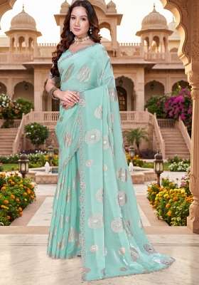 Sky Blue Silk Blend Saree Set with Hand Work for Diwali | Wedding & Festive Wear